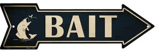 Fishing bait sign with an arrow and fish illustration on a black background