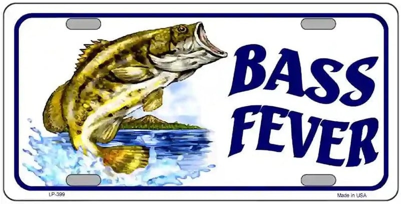 License plate with a bass fish illustration and 'Bass Fever' text on a white background.
