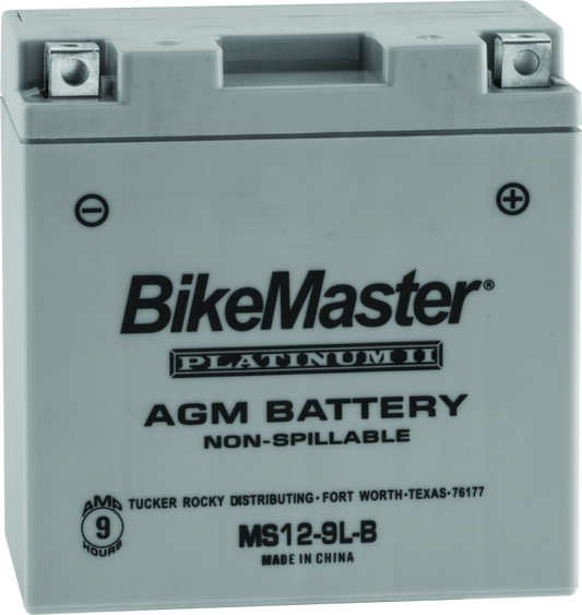 BikeMaster AGM battery with branding and specifications on a gray background