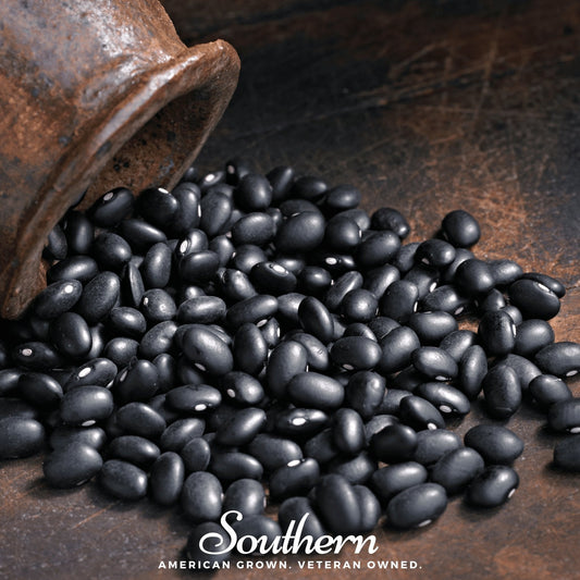 Black beans spilling from a rustic metal container on a dark surface with 'Southern' branding.
