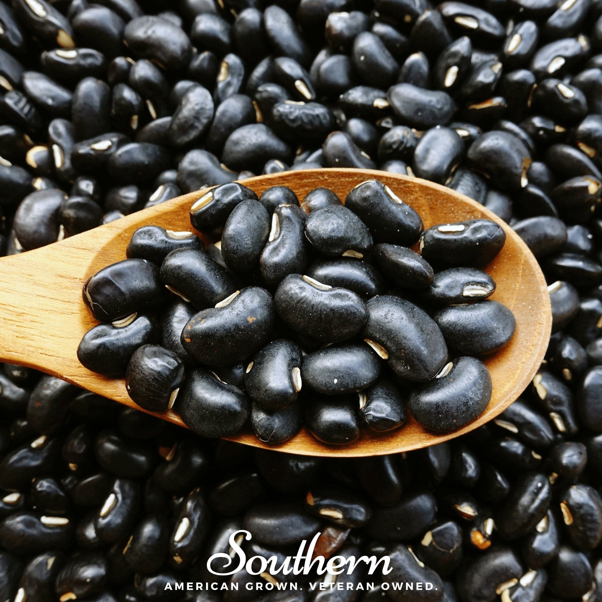 Wooden spoon filled with black beans surrounded by more black beans on a dark background, with 'Southern' brand name.
