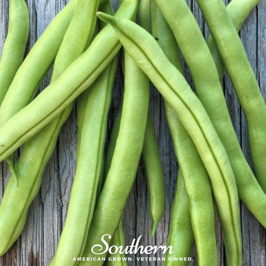 Green beans on a wooden surface with 'Southern' branding.