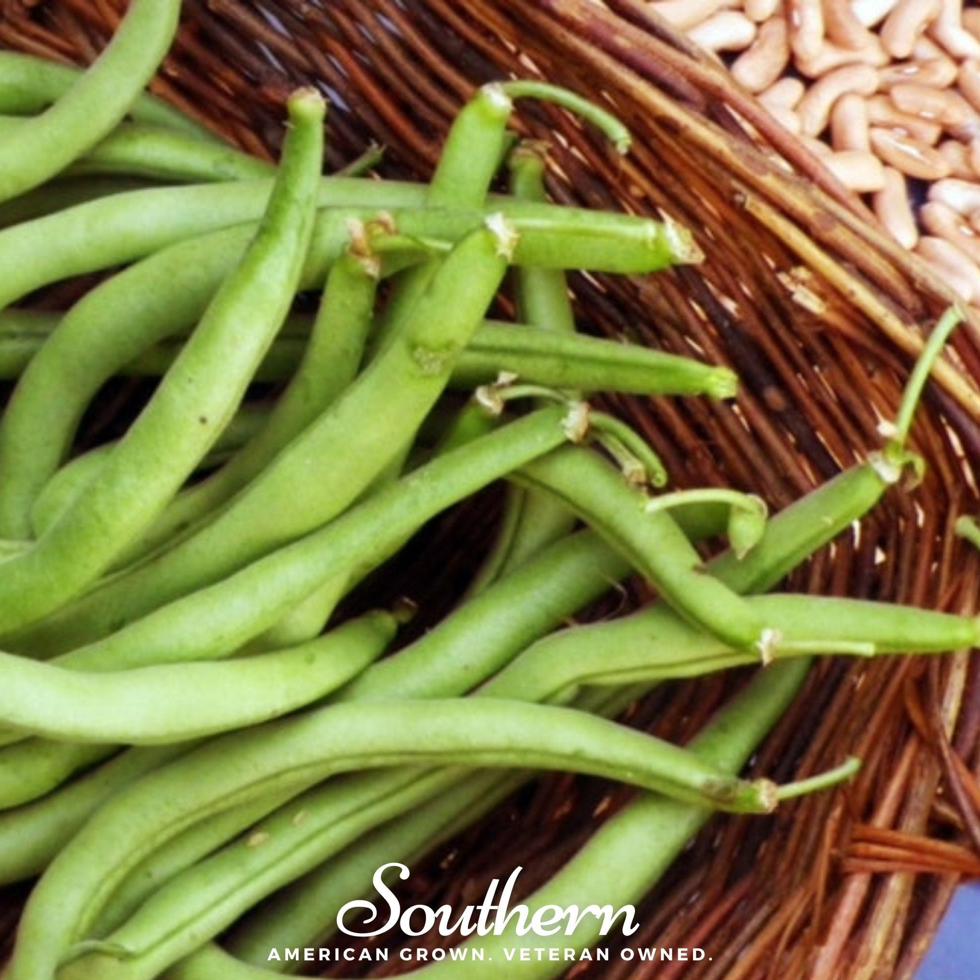 Green beans on a woven basket with 'Southern' brand text.
