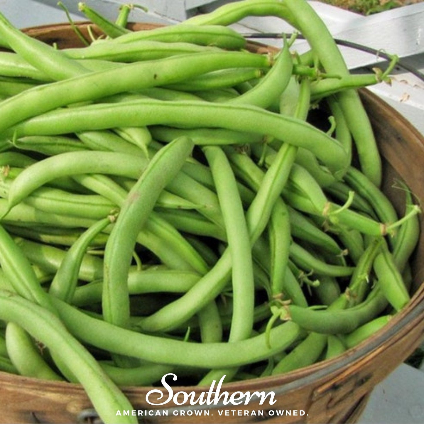 Basket of green beans with 'Southern' brand logo