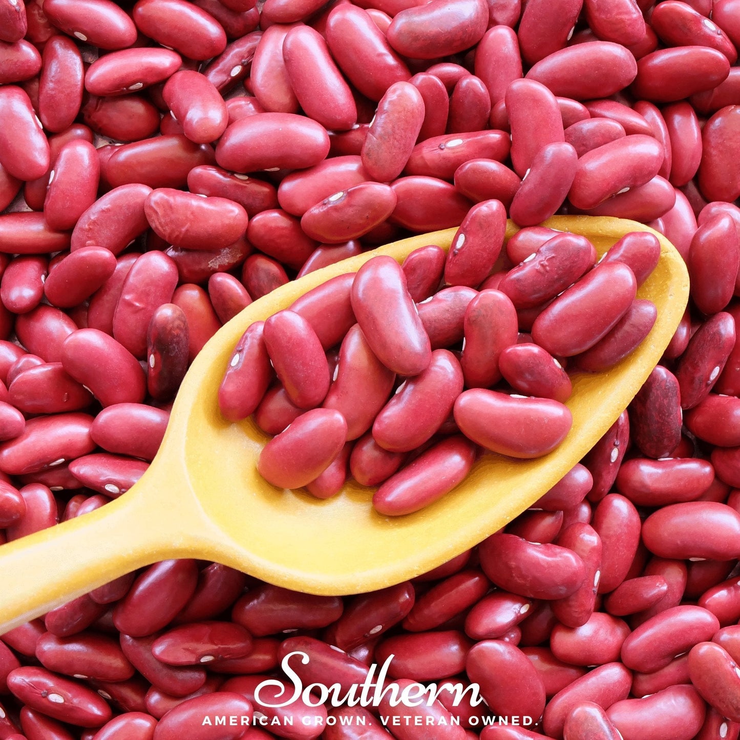 Red kidney beans in a yellow spoon with 'Southern' brand name on a red bean background