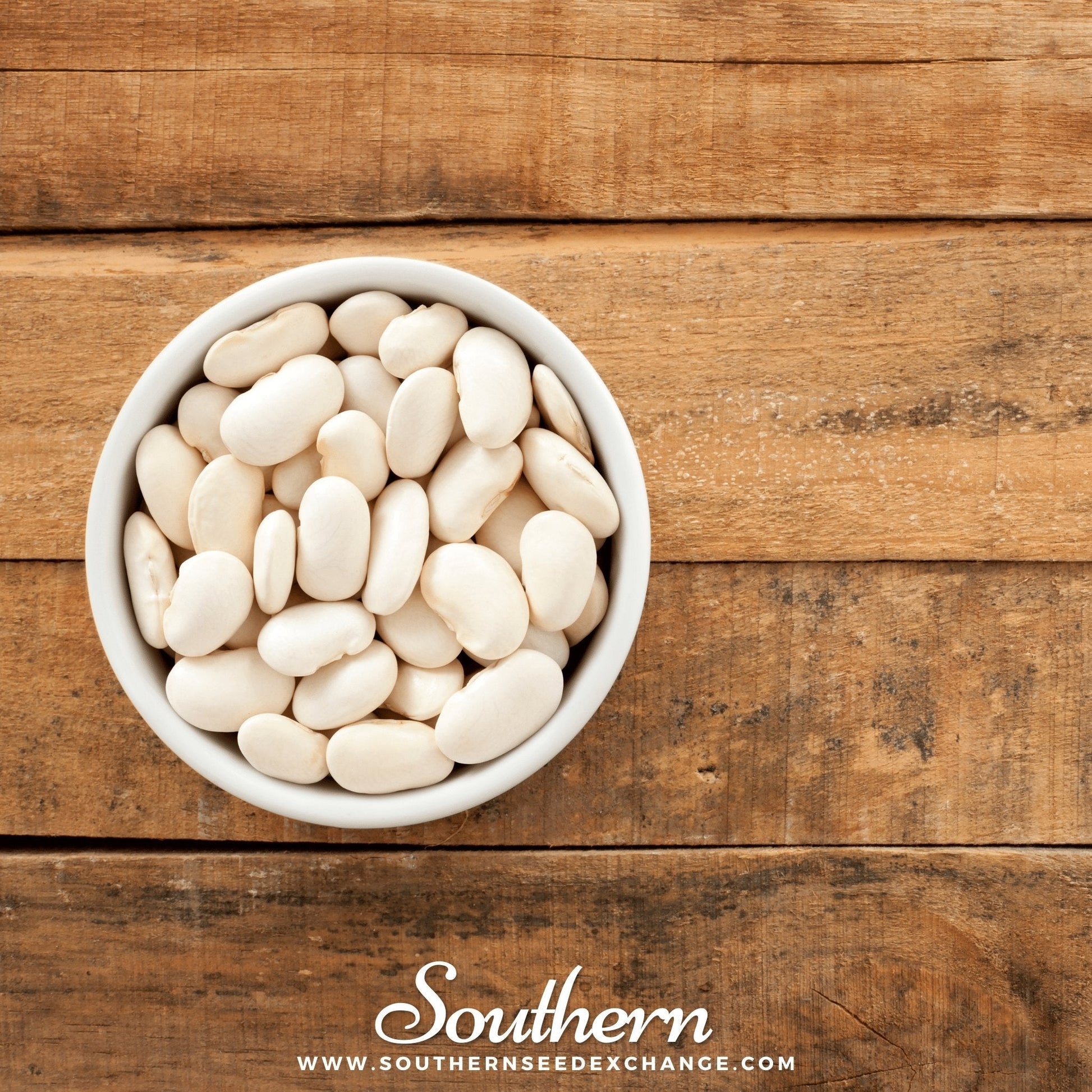 White lima beans in a bowl on a wooden surface with 'Southern' branding.