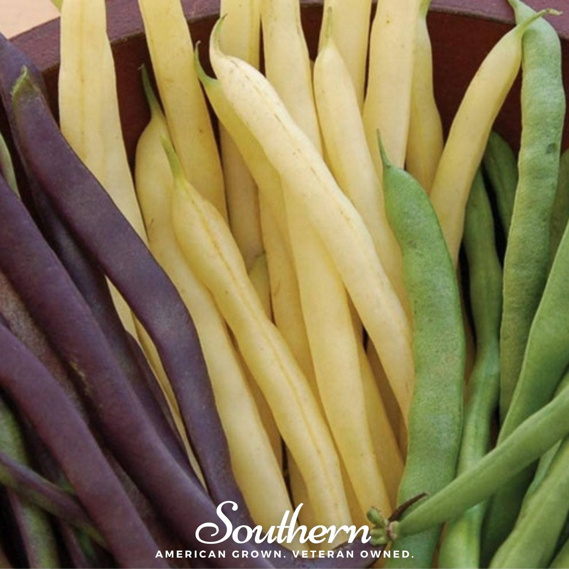 Three types of beans (purple, yellow, green) in a wooden bowl with 'Southern' branding.