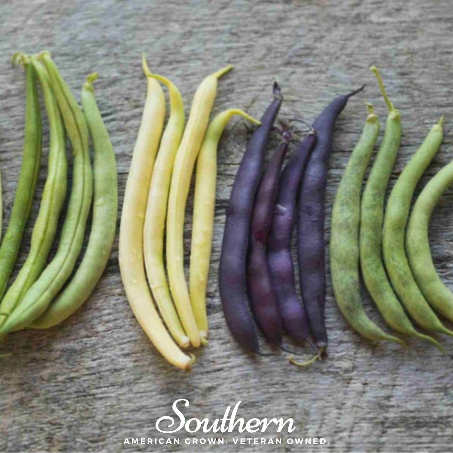 Four types of beans (green, yellow, purple, and green) on a wooden surface with 'Southern' branding.