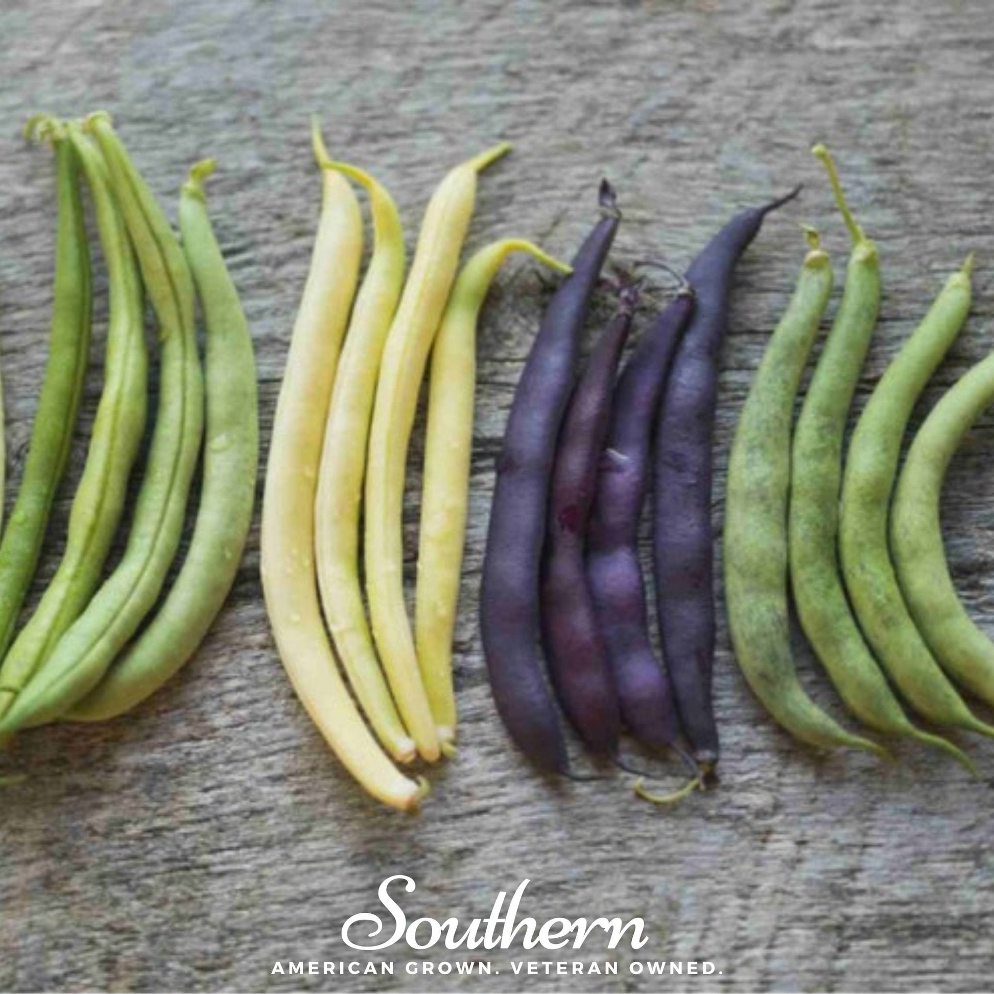 Four types of beans (green, yellow, purple, and green) on a wooden surface with 'Southern' branding.