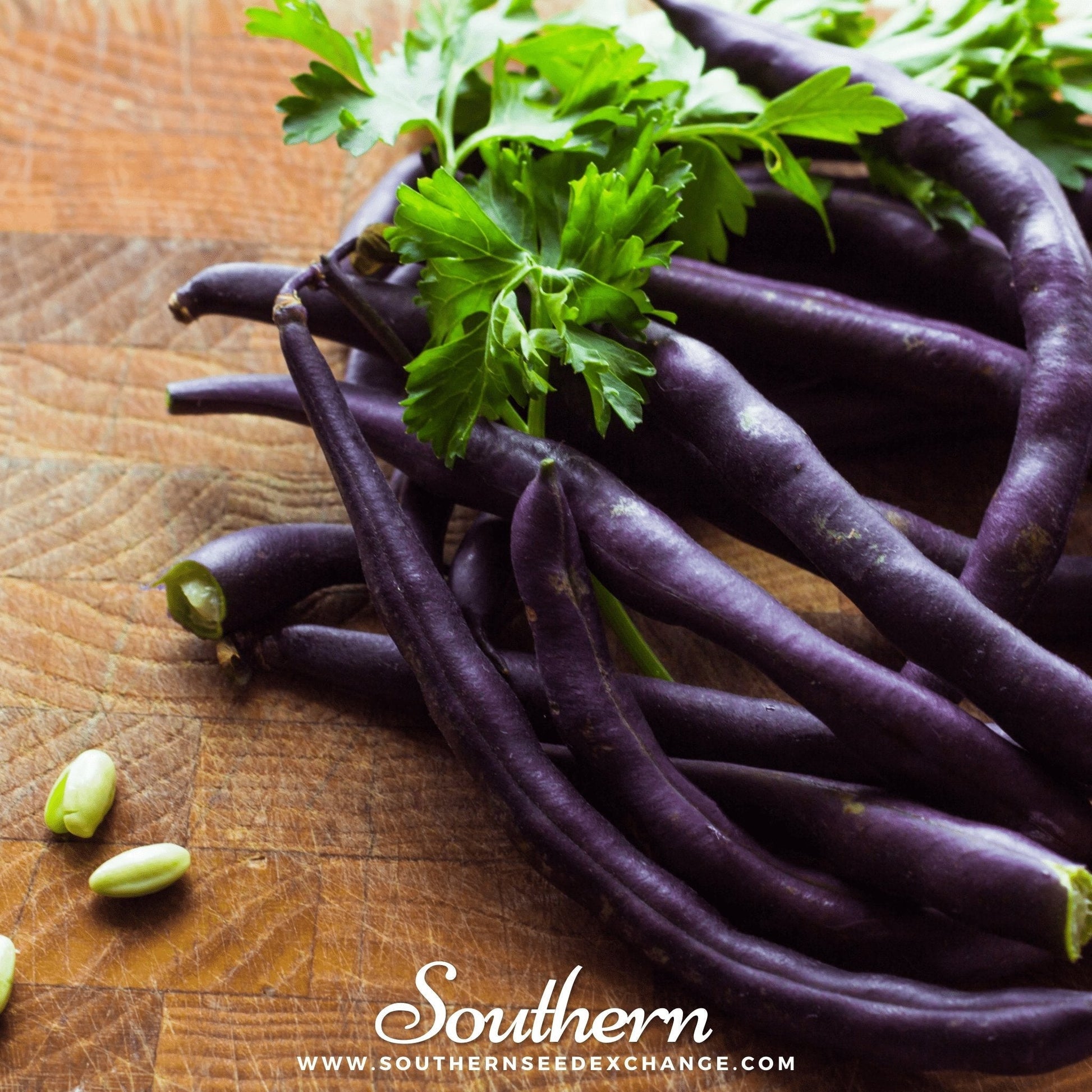 Purple beans with green leaves on a wooden surface, branded 'Southern Seed Exchange'.