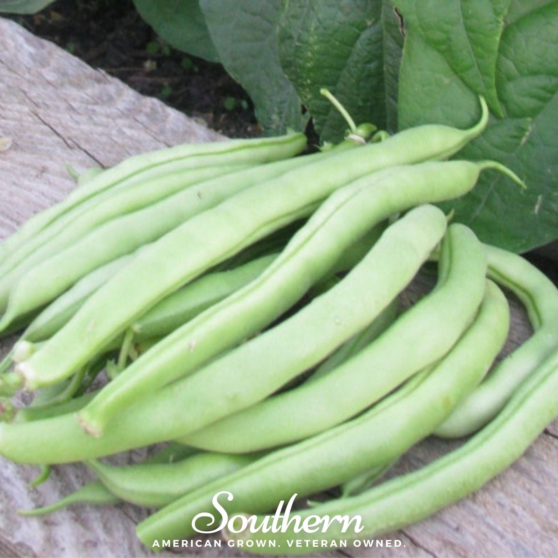 Bunch of green beans on a wooden surface with 'Southern' brand text.