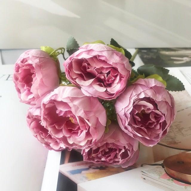 Beautiful Rose Peony Artificial Silk Eucalyptus Fake Flowers Small bouquet Flores Home Party Spring Wedding Decoration Artificial Silk Rose Flower Bouquet Lifelike Fake Rose for Wedding Home Party Decoration Event Gift