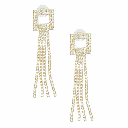 Gold Square Rhinestone Fringe Earrings