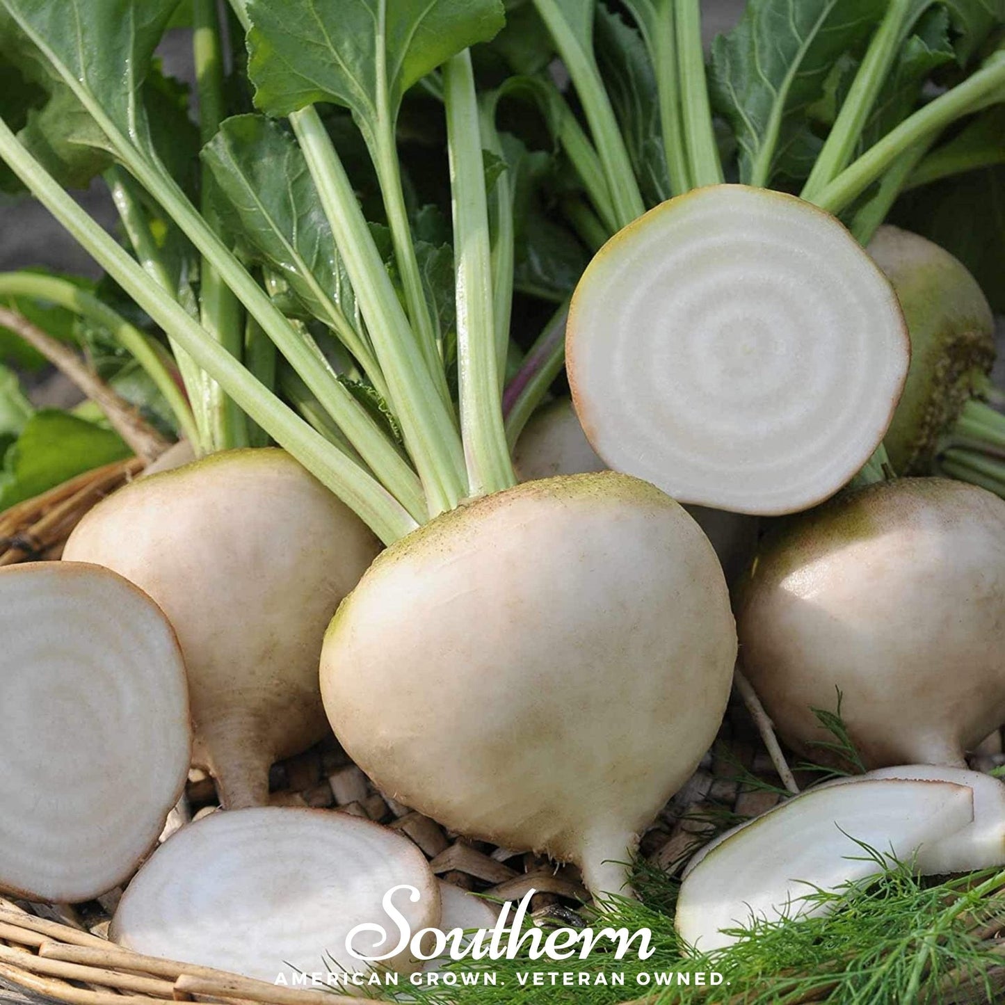 White beets with green tops in a basket, featuring 'Southern' brand text.