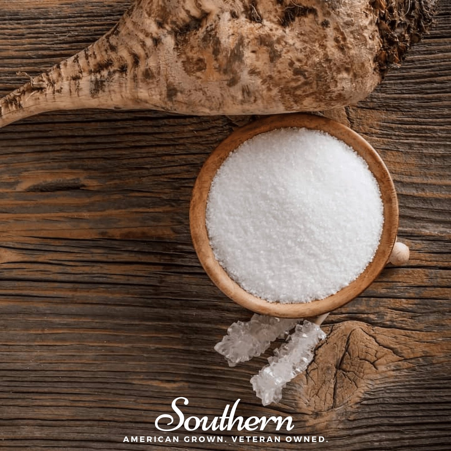 Sugar Beet next to a Wooden bowl filled with sugar on a wooden surface, with 'Southern' branding at the bottom.