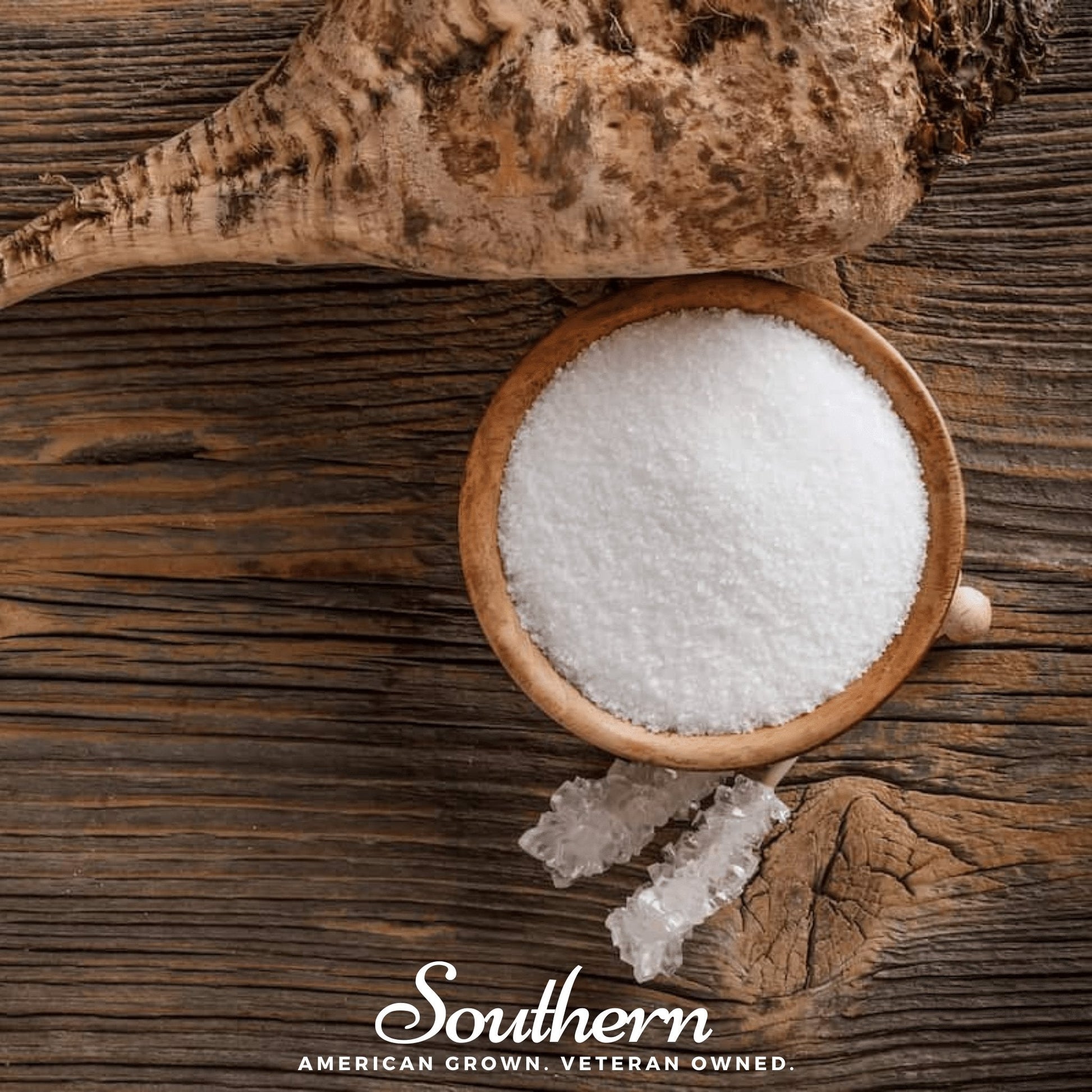 Sugar Beet next to a Wooden bowl filled with sugar on a wooden surface, with 'Southern' branding at the bottom.