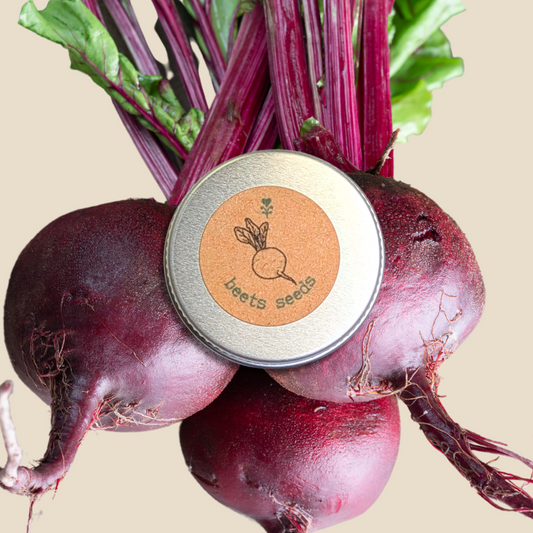 Beets with a tin labeled 'beet seeds' on a beige background