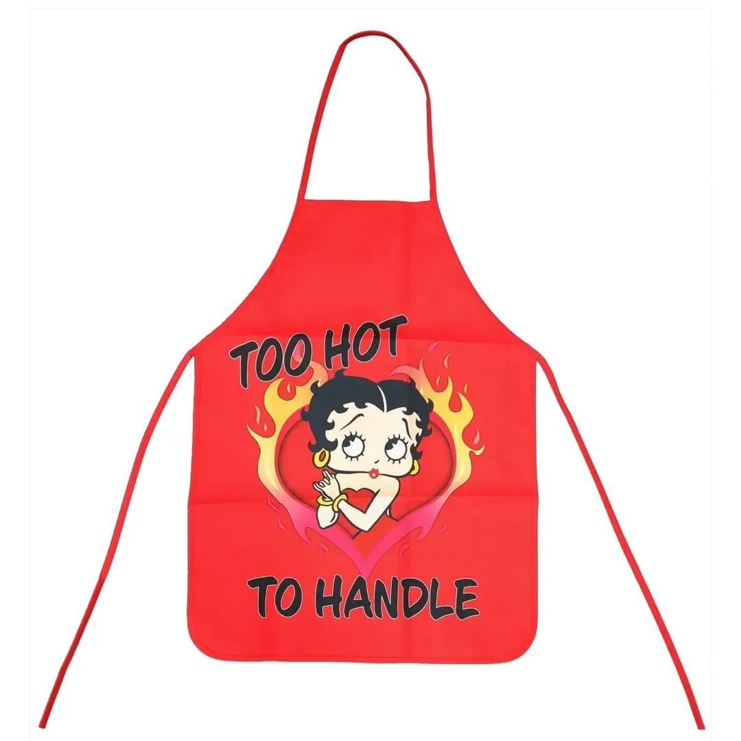 A red bib apron featuring a cartoon illustration of Betty Boop surrounded by flames, with the text 'TOO HOT TO HANDLE' printed in black. The apron has a neck strap and two waist ties, shown against a plain white background.