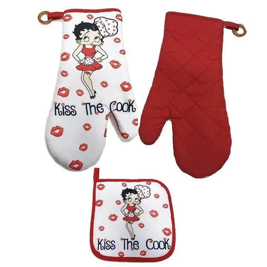 Oven Mitts Featuring Cartoon Character Betty Boop with Lipstick marks and caption KISS THE COOK