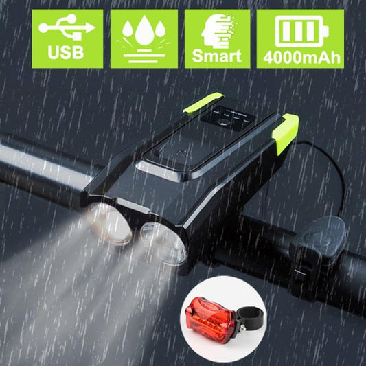 Black bike light with USB, water-resistant, smart, and 4000mAh features on a dark background.