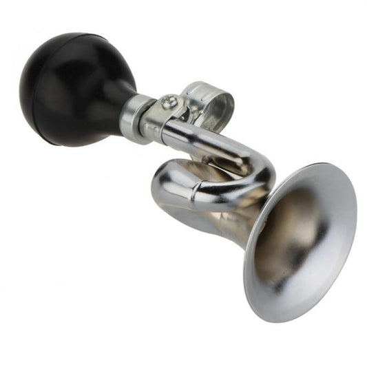 Metal horn with black handle on a white background