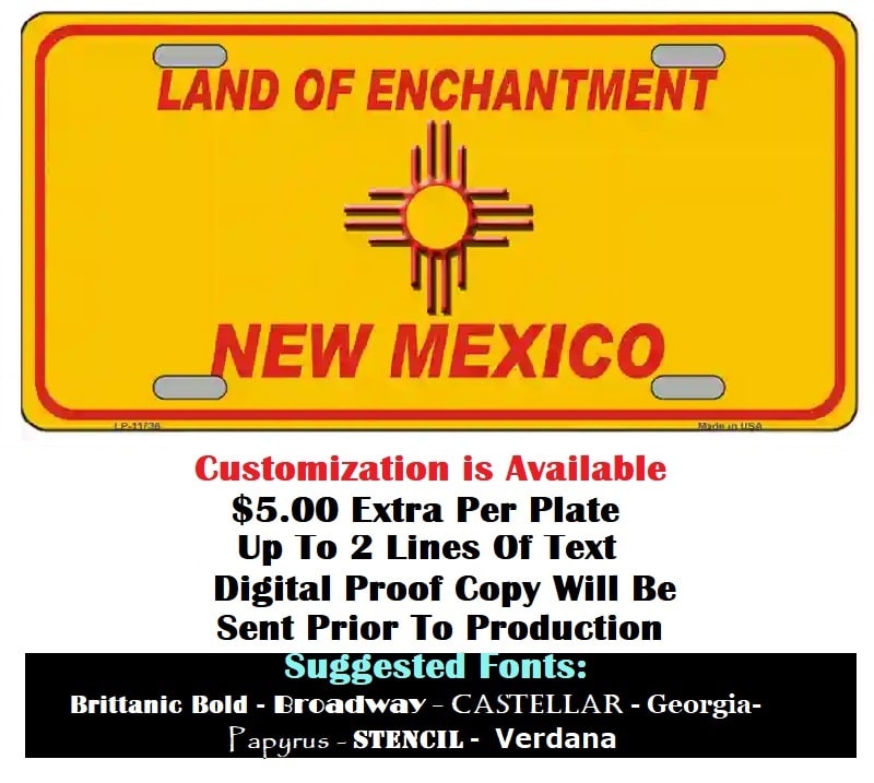 Blank New Mexico Yellow License Plate Customization Details