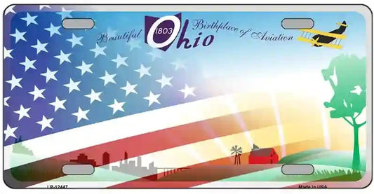 Ohio with American Flag Novelty Metal License Plate