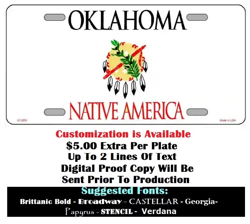 Oklahoma Blank Native América License Plate Customization Instructions