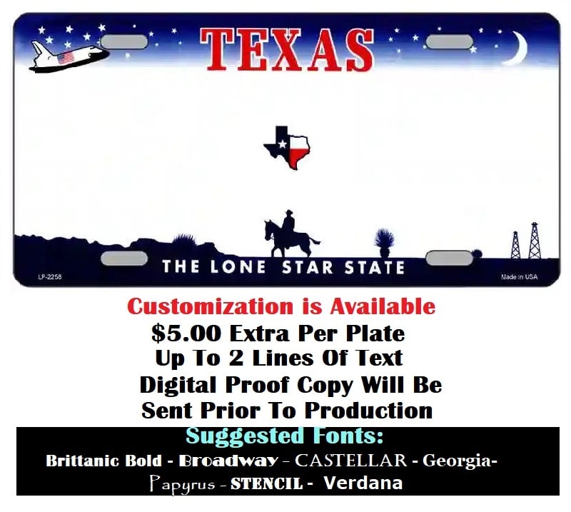 Customizing Instructions Texas Blank License Plate featuring Space Shuttle and Oil Wells