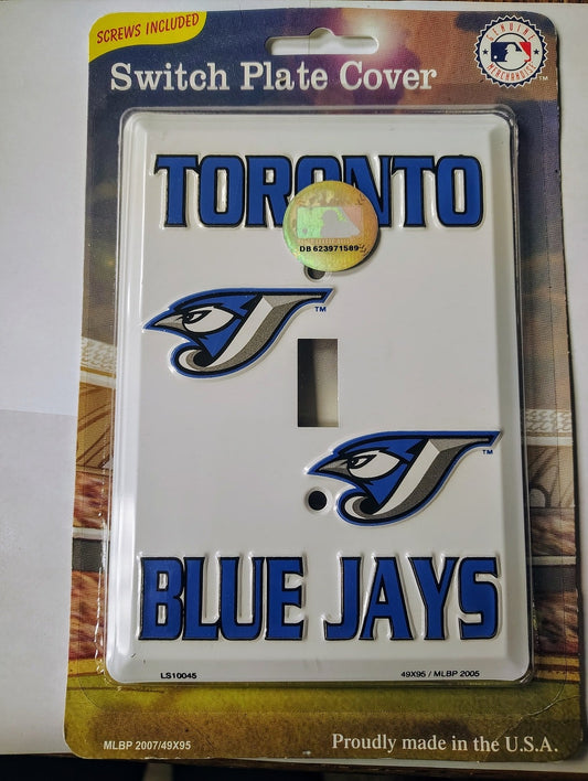 Switch plate cover with Toronto Blue Jays logo on a packaging background