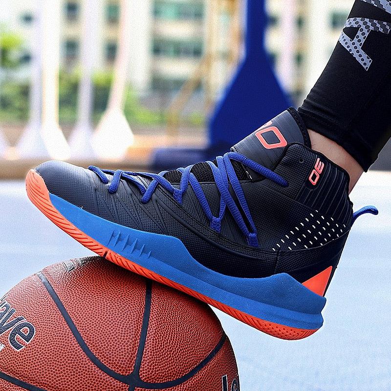 Basketball shoe with blue and orange accents on a basketball, blurred background
