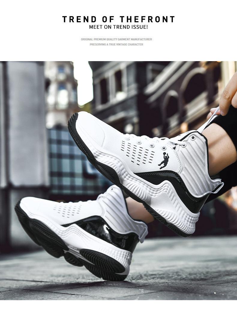 White and black athletic shoes being worn on a blurred city street background