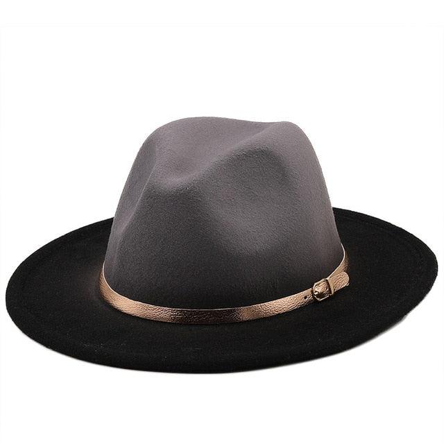 Gray fedora hat with a brown leather band on a white background