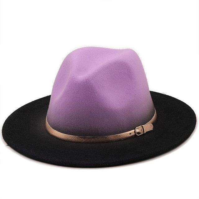 Purple and black hat with a brown band on a white background