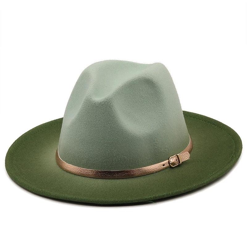 Green fedora hat with a brown band on a white background