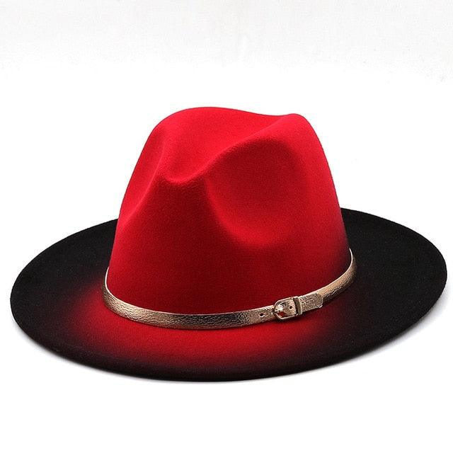 Red fedora hat with a black rim and gold band on a white background