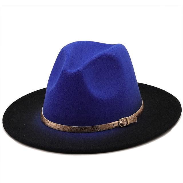 Blue and black hat with a brown band on a white background