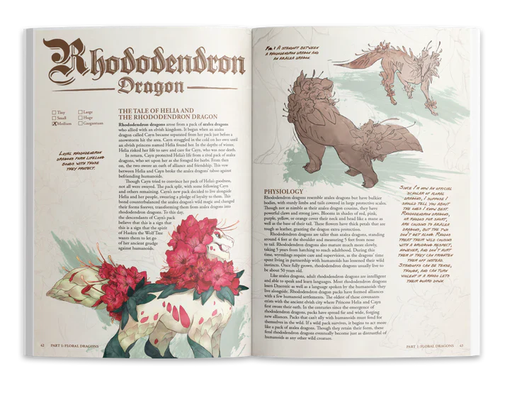Open book showing illustrations and text about Rhododendron Dragon