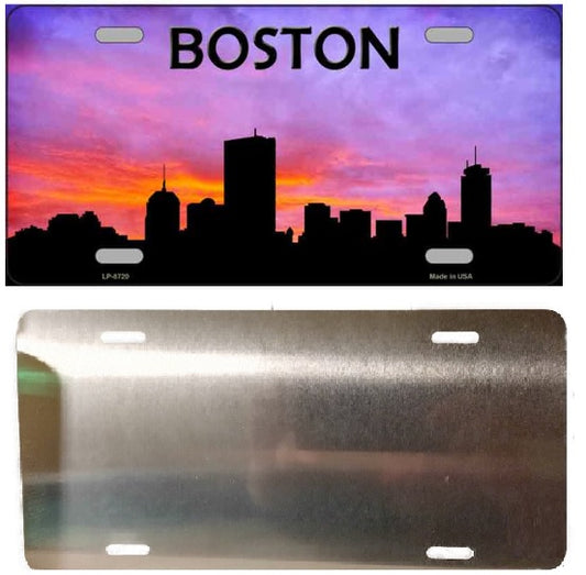 Rear View Boston Skyline Silhouette at Sunset Novelty Metal License Plate