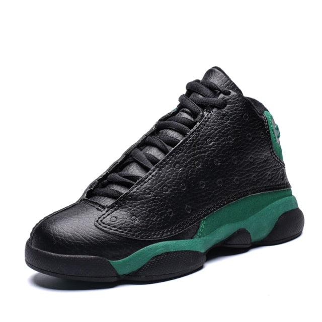 Black high-top sneaker with green accents on a white background