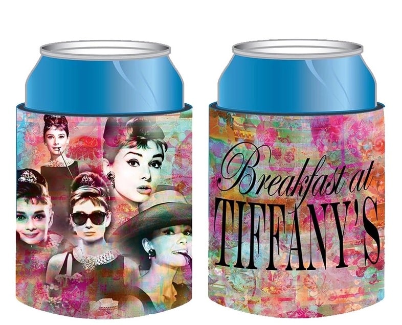 Two can coolers with 'Breakfast at Tiffany's' design featuring Audrey Hepburn.