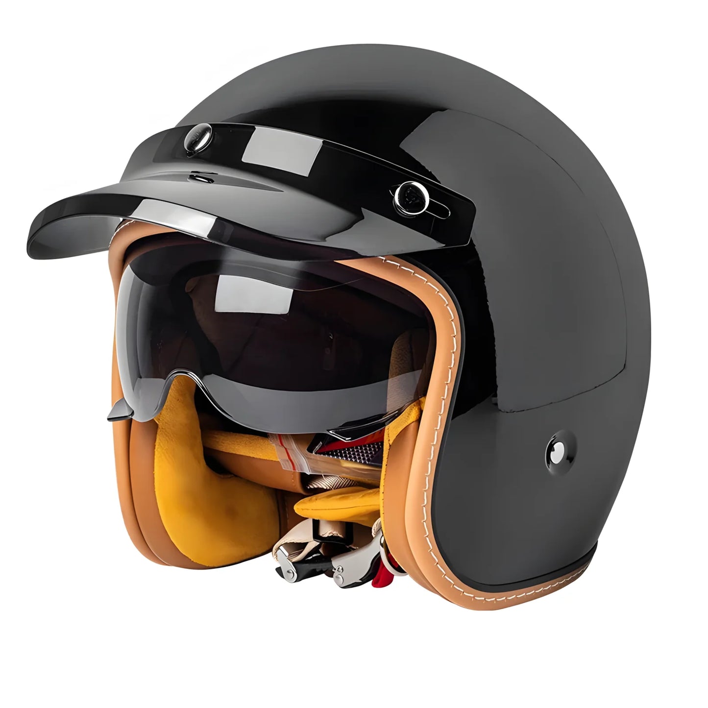 Black motorcycle helmet with visor and brown leather accents on a white background