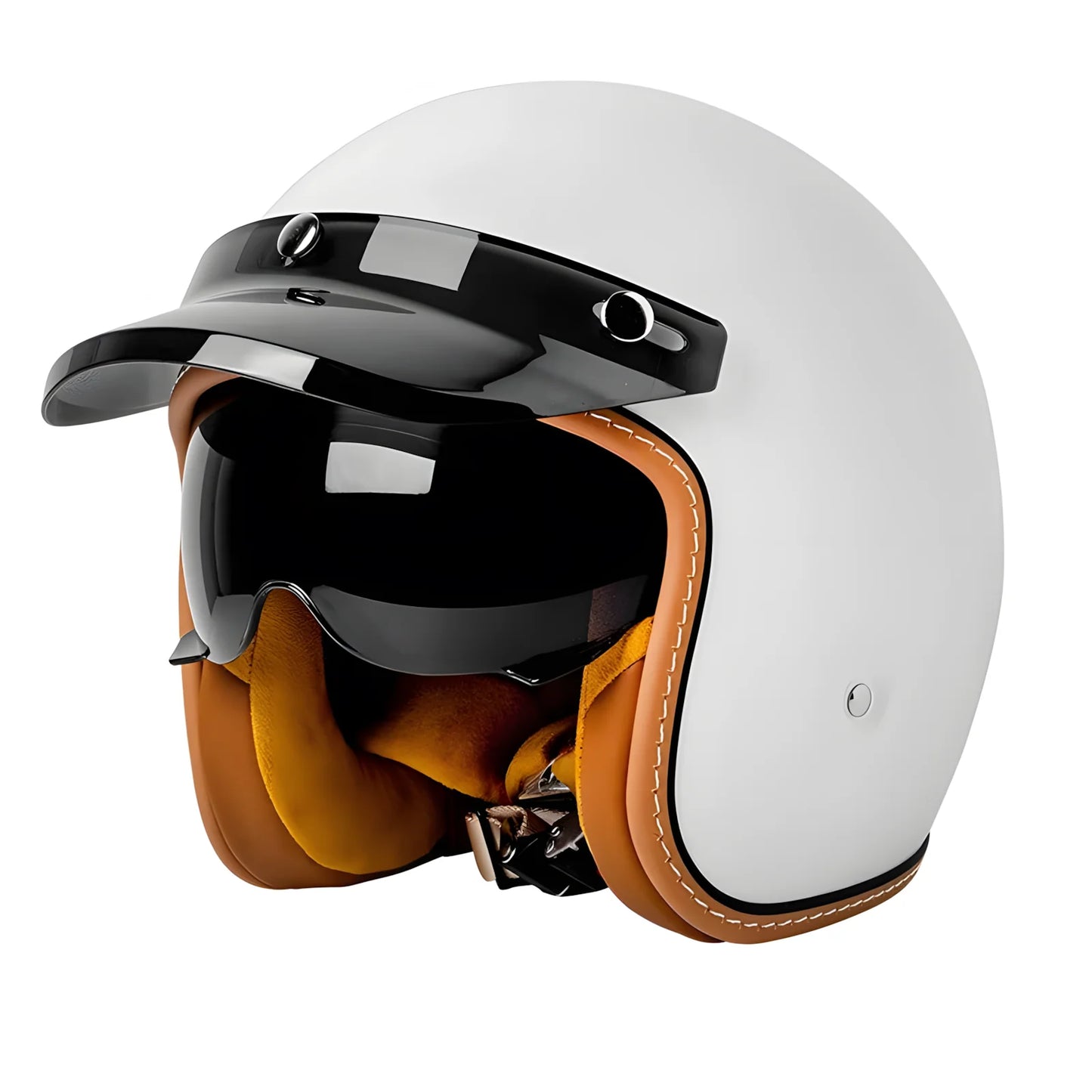 White helmet with brown leather accents and a black visor on a white background