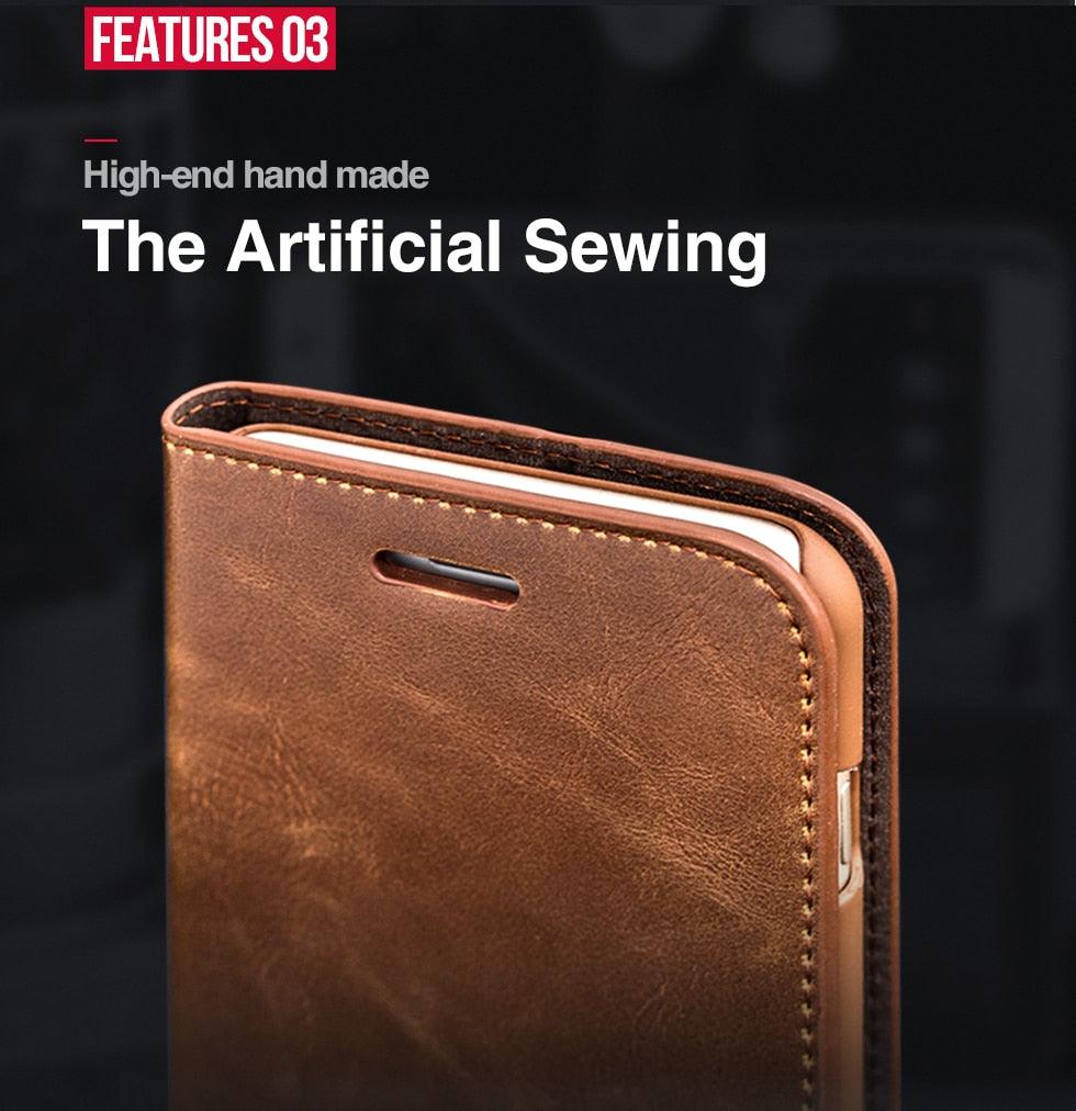 Brown leather phone case with 'The Artificial Sewing' branding on a dark background
