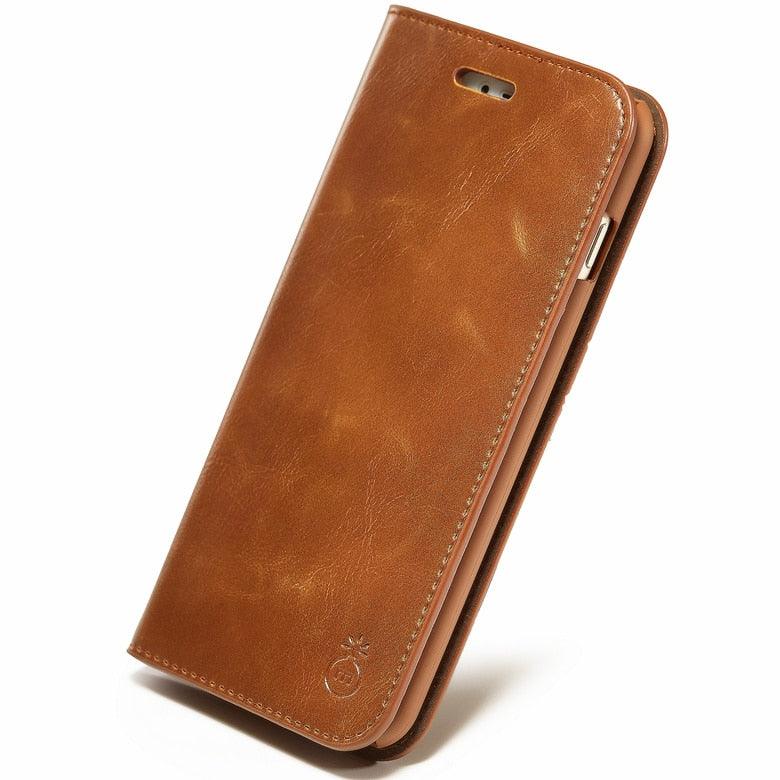 Brown leather phone case on a white background