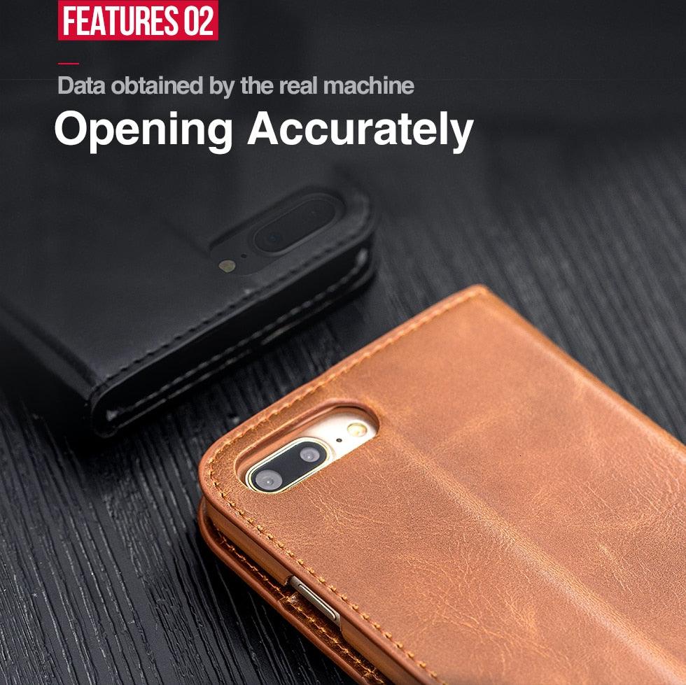 Brown leather phone case on a dark surface with text about machine data opening accuracy.