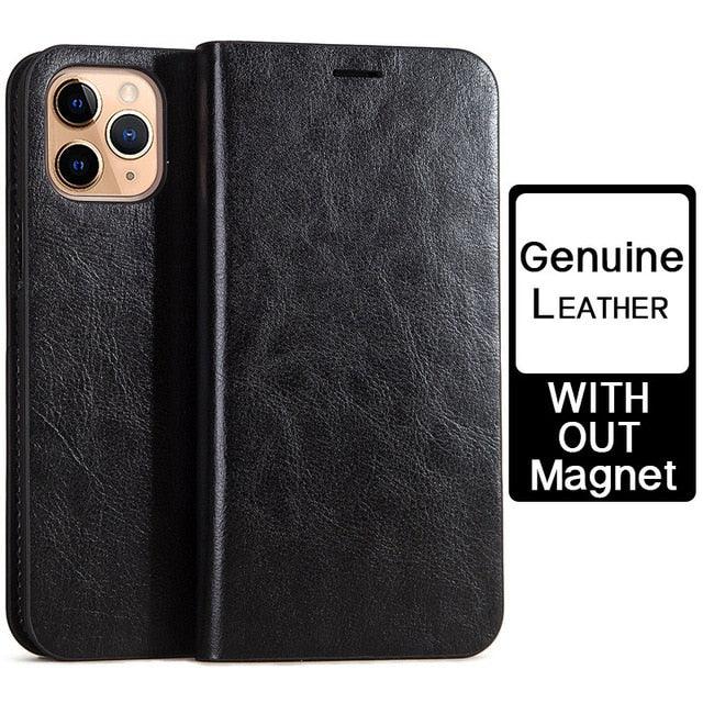 Black leather phone case with 'Genuine Leather Without Magnet' label on a white background