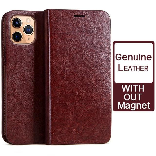 Brown leather phone case with 'Genuine Leather Without Magnet' text on a white background