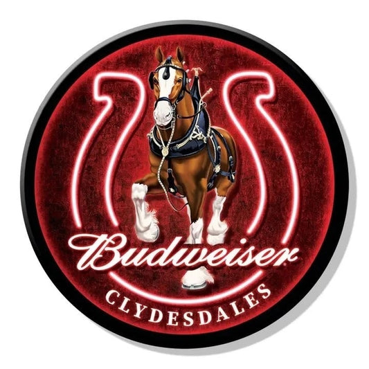 Budweiser Clydesdales logo with a horse on a red background