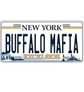 New York license plate with 'Buffalo Mafia' text on a white background